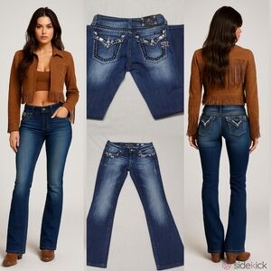 Miss Me Rare Retro Y2K Rhinestone Embellished Mid Wash Low Rise Boot Cut Jeans